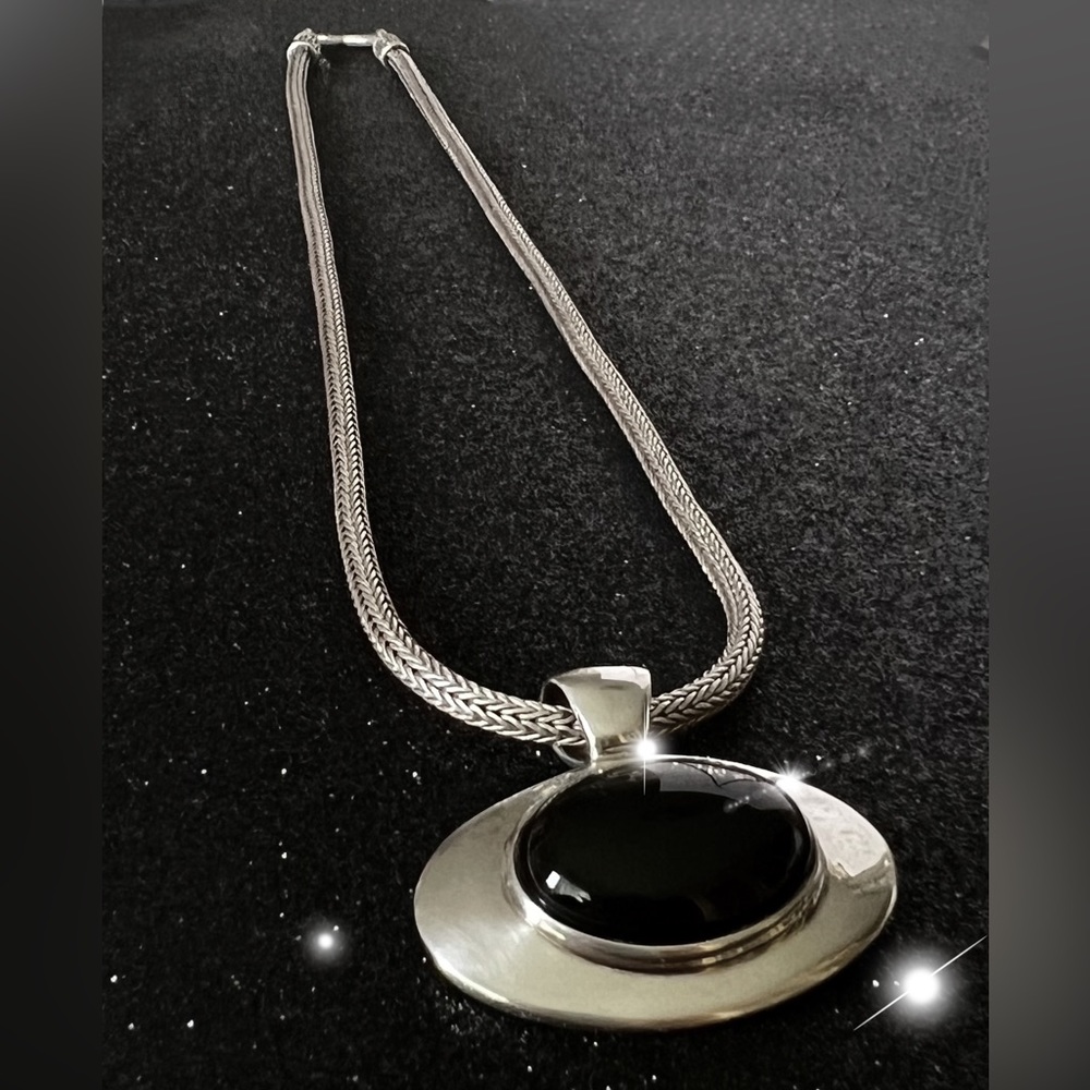 925 ESPO SIG Onyx Pendant & BA Suarti Sterling Round Foxtail Chain Necklace